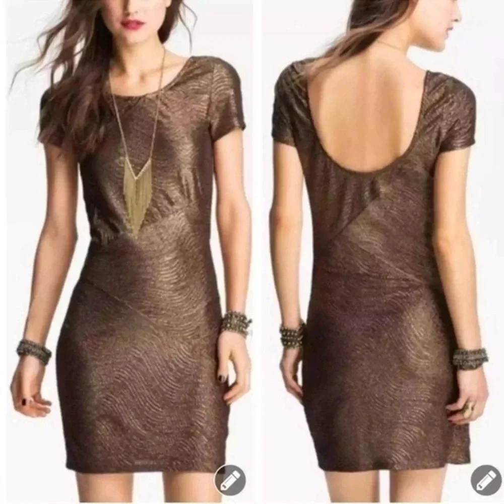 Free People Moonage Daydream Golden Brown Shimmer Metallic Bodycon Dress Size XS